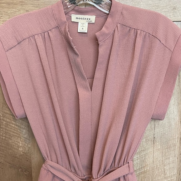 Mauve Monteau V-Neck Mini Dress with Sleeves and Belt - S - Picture 3 of 4